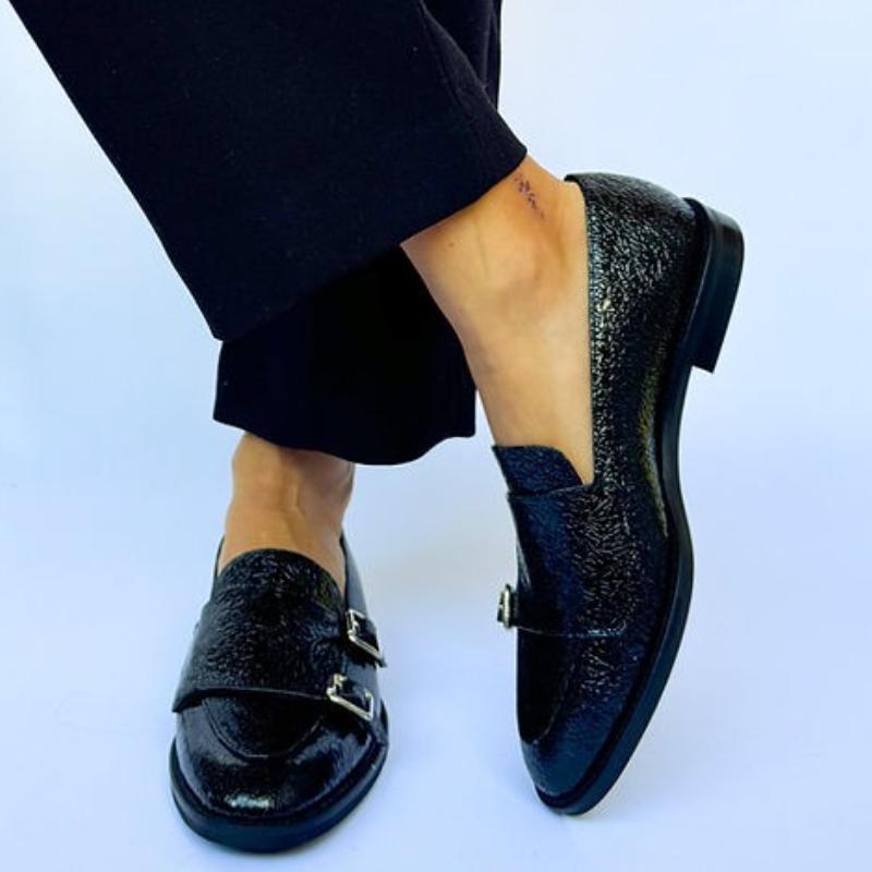 Black Textured Patent Loafers