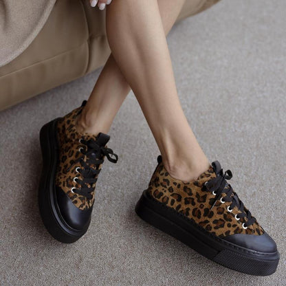 Genuine Leather Leopard Pattern Lace-Up Women's Sneakers