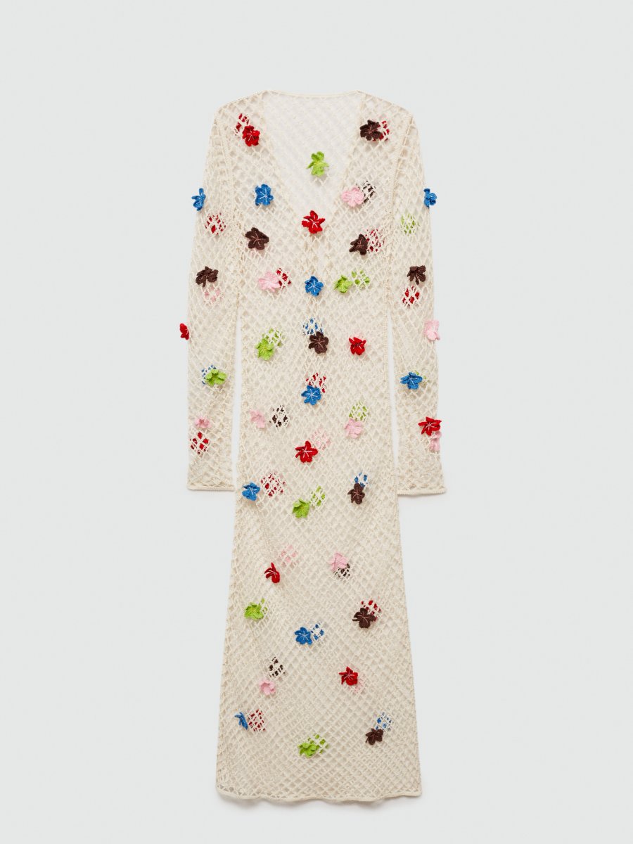 Knitted Beach Dress With Decorative Flowers