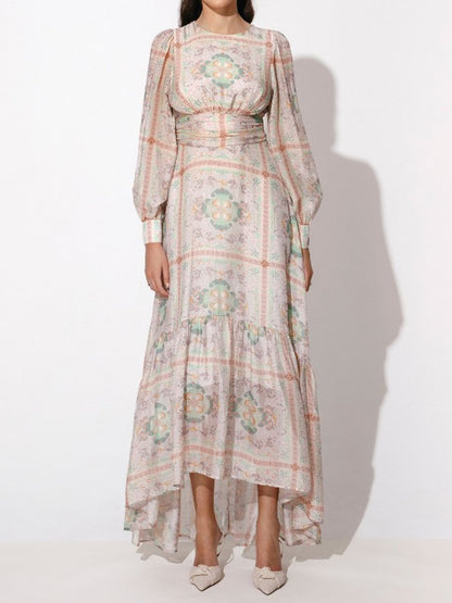 Printed Long Sleeve Backless Maxi Dress