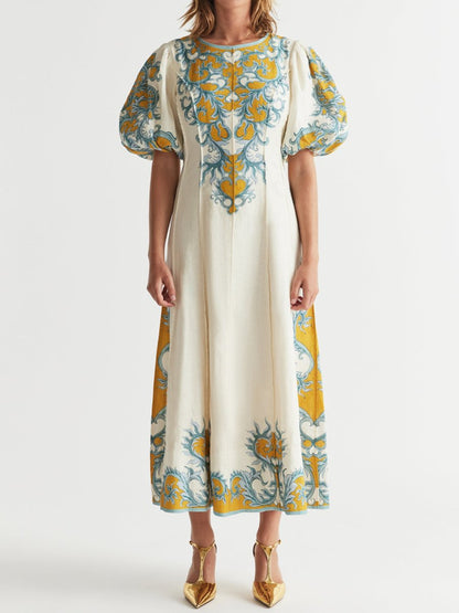 Stunning Printed Puff Sleeve Midi Dress