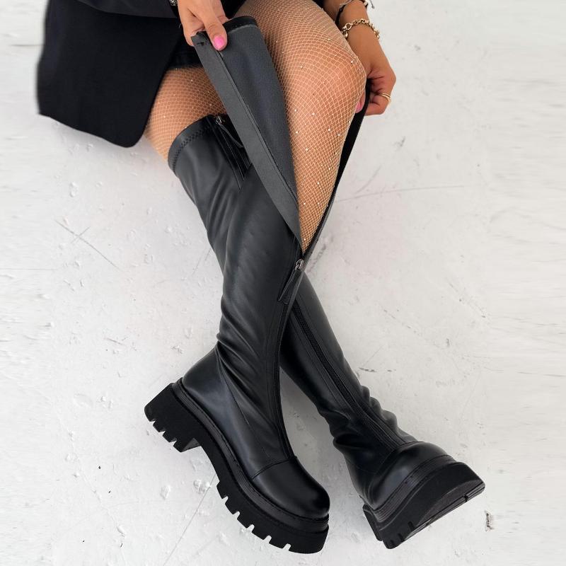 Front Zip Thick Heel Knee-high Boots