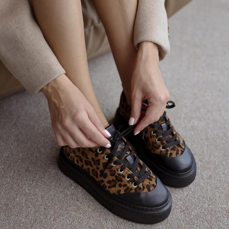 Genuine Leather Leopard Pattern Lace-Up Women's Sneakers