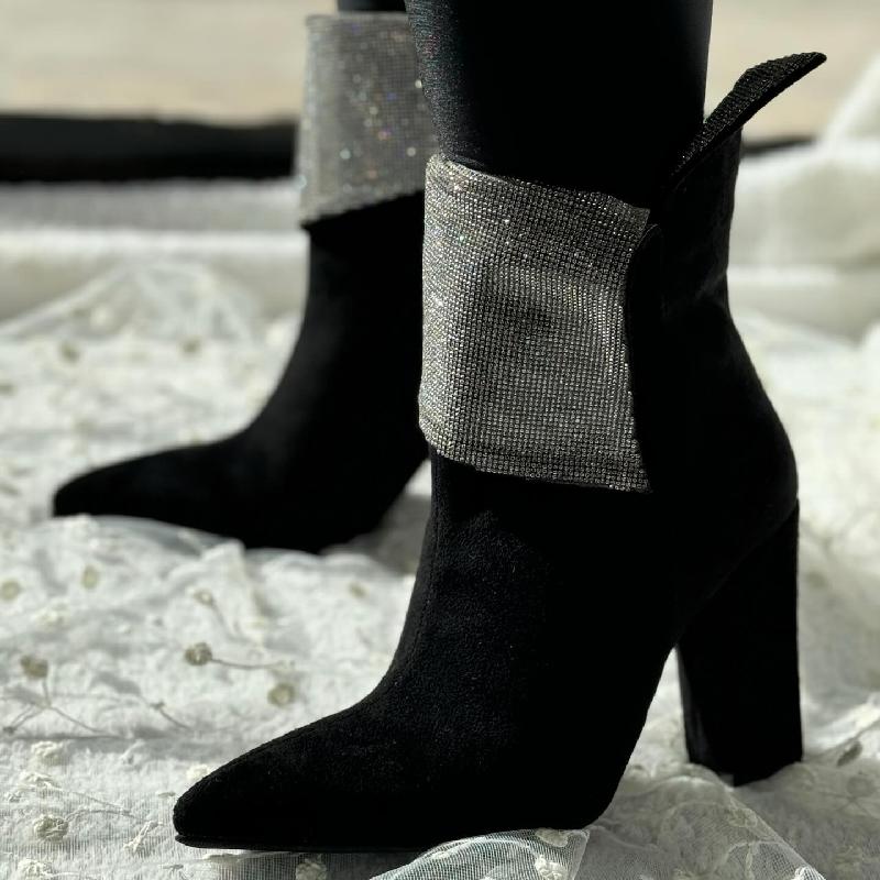 Black Suede Rhinestone High Heel Boots