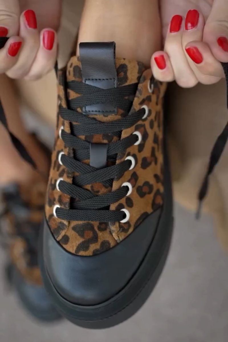 Genuine Leather Leopard Pattern Lace-Up Women's Sneakers