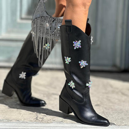 Floral Rhinestone Leather Chunky Heel Boots