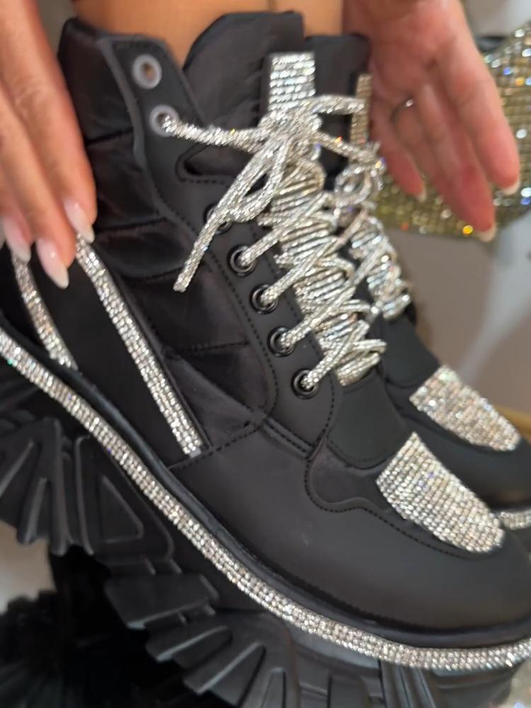 Rhinestone Thick Heel Lace-Up Sneakers