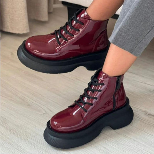 Cherry Red Patent Leather Lace-Up Boots