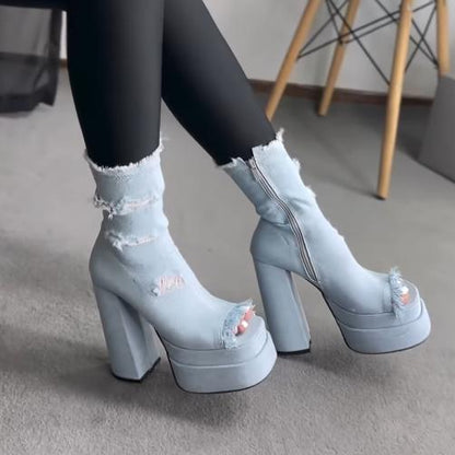 Denim hollow high-heeled sandals