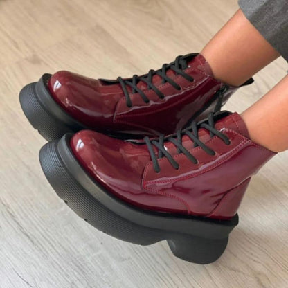 Cherry Red Patent Leather Lace-Up Boots