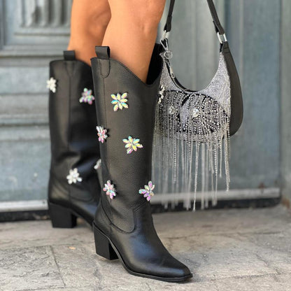 Floral Rhinestone Leather Chunky Heel Boots