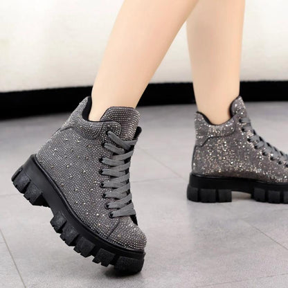 Gray Rhinestone Lace-Up Platform Boots