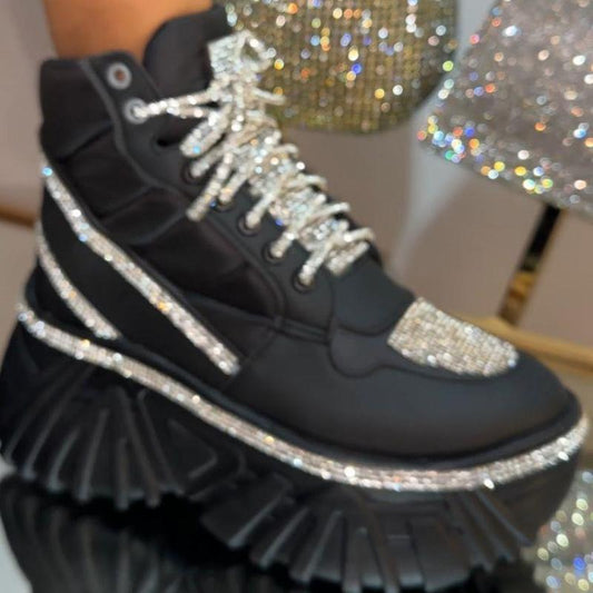 Rhinestone Thick Heel Lace-Up Sneakers