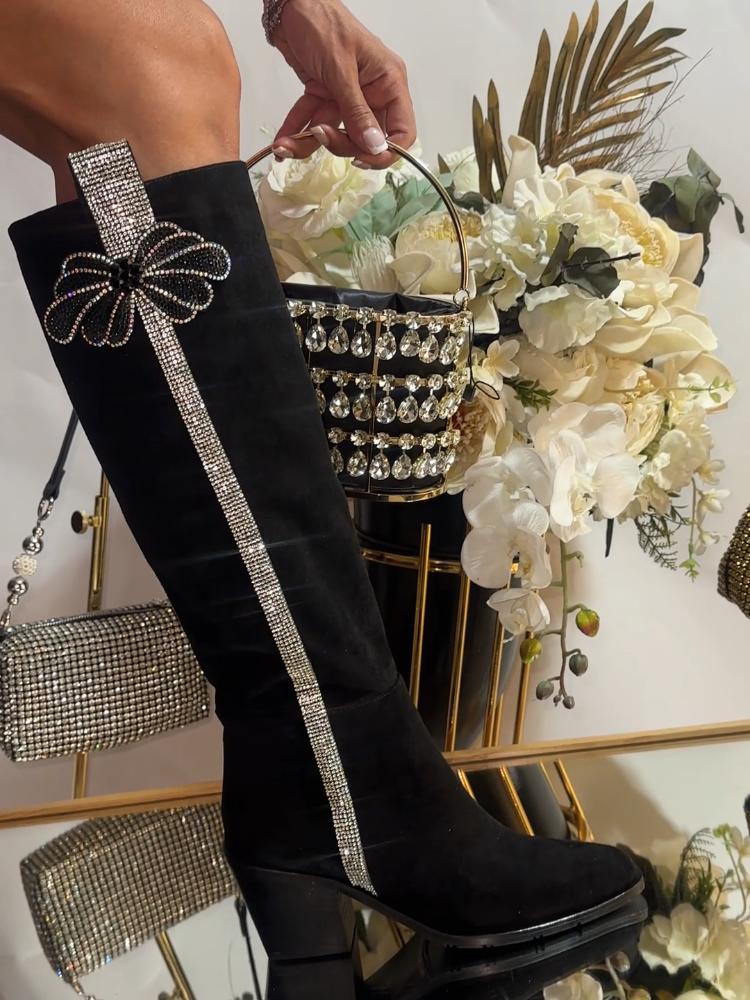 Fashion Rhinestone Sparkle Suede Thick Heel Boots