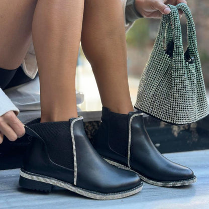 Crystal Stones Detail Leather Ankle Boots