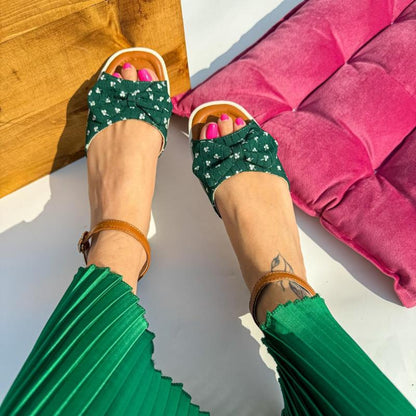 Bow Buckle Patchwork Flat Sandals