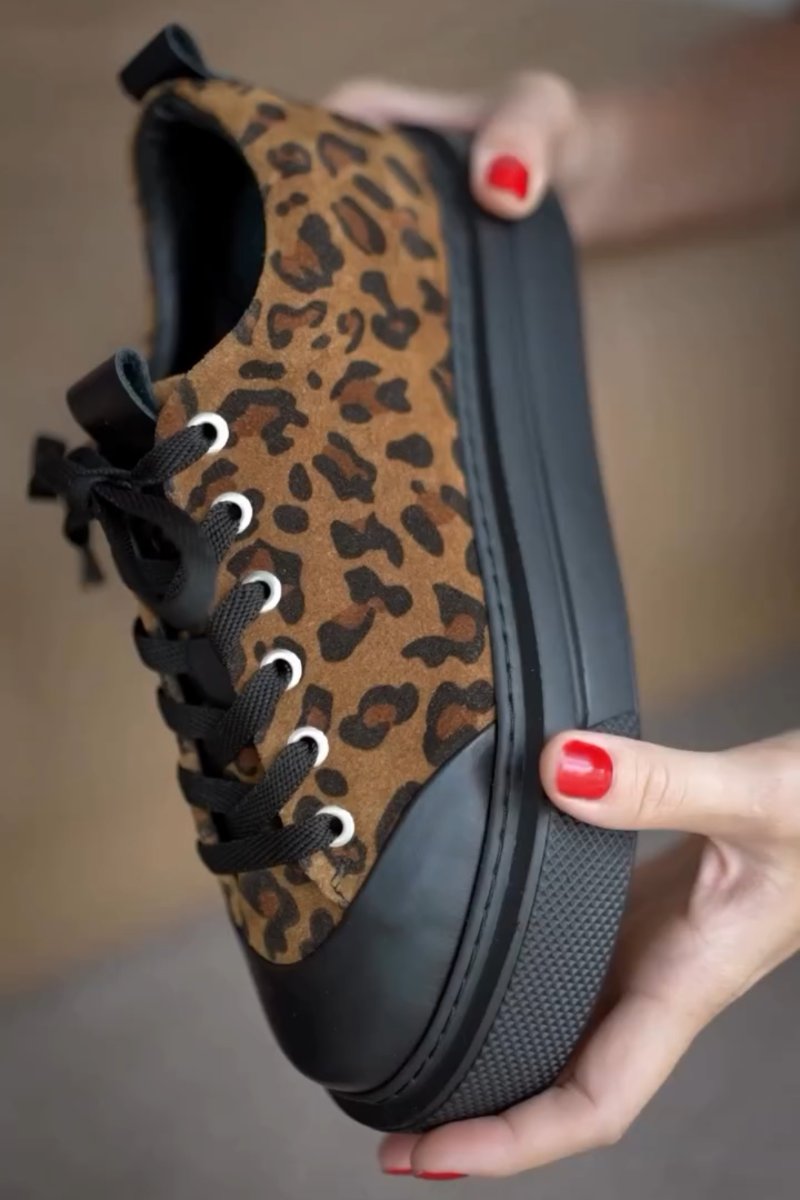 Genuine Leather Leopard Pattern Lace-Up Women's Sneakers