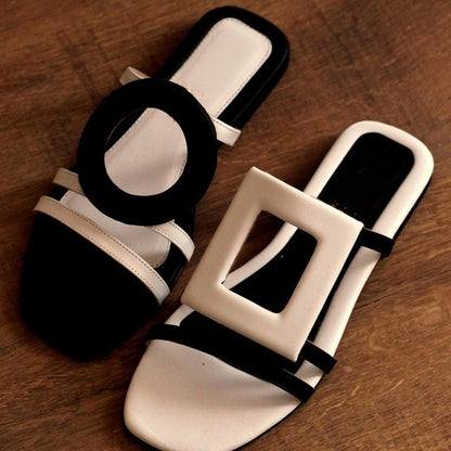 Black & White Asymmetrical Design Flat Slippers