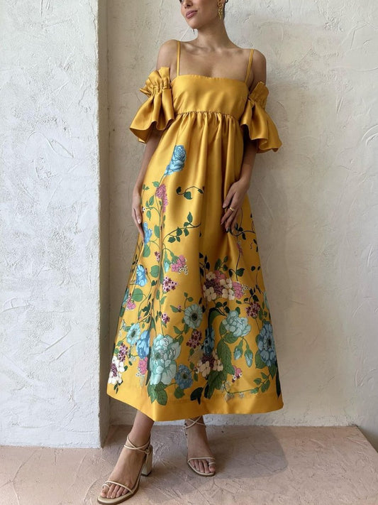 Women's Yellow Dana Floral-print Midi Dress