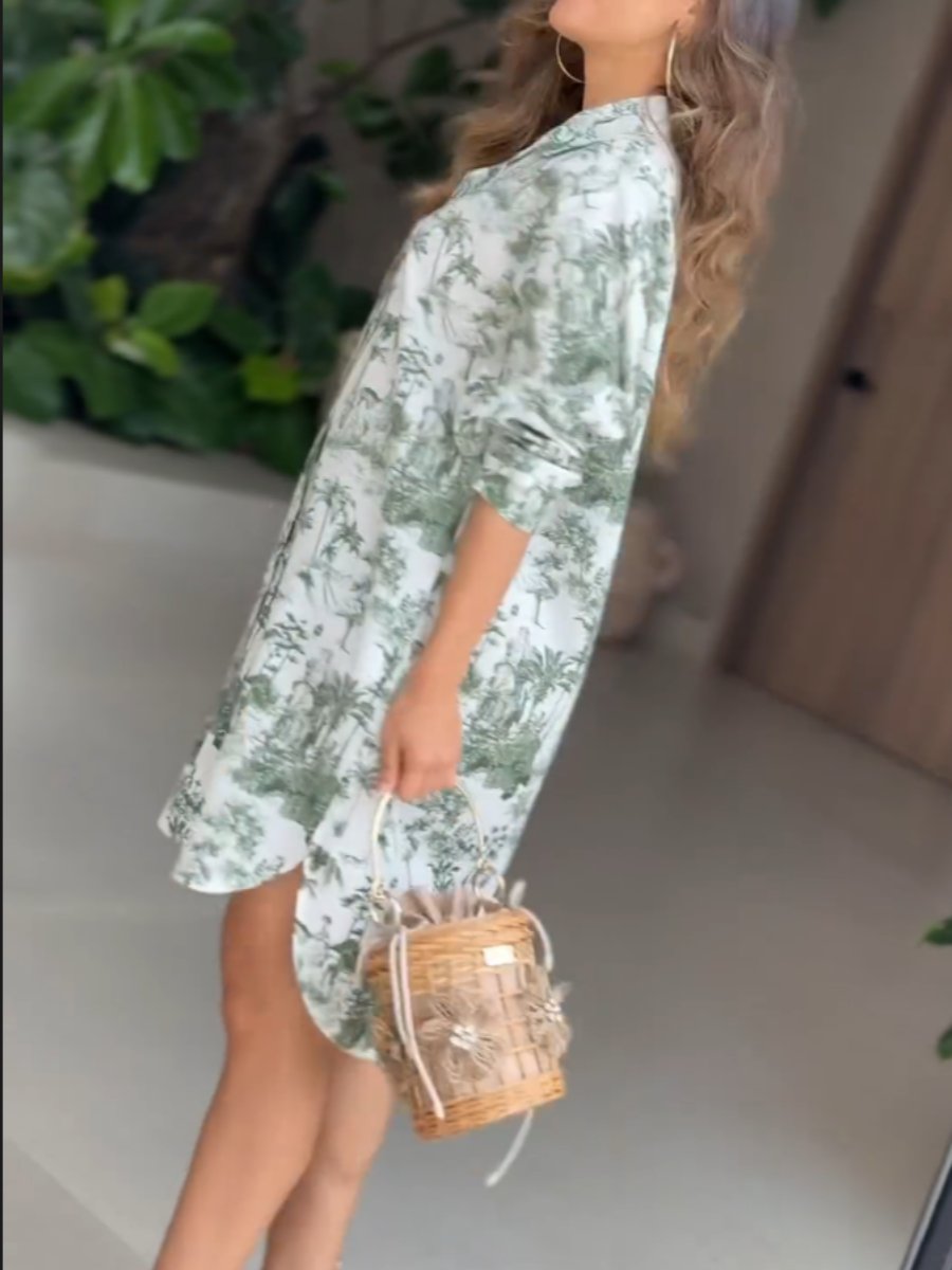 Button Up Green Printed Mini Dress