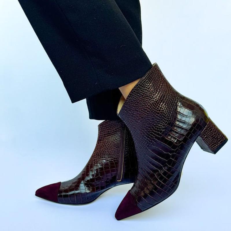 Pointed-Toe Crocodile-Effect Leather Ankle Boots