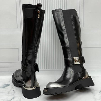 One Stud Round Toe Knee-High Boots