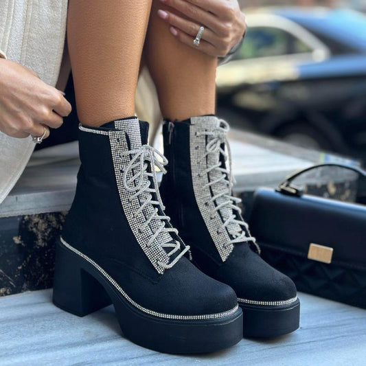 Rhinestone Lace-Up Platform Heel Boots