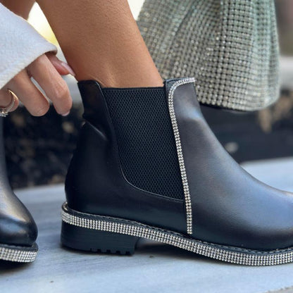 Crystal Stones Detail Leather Ankle Boots