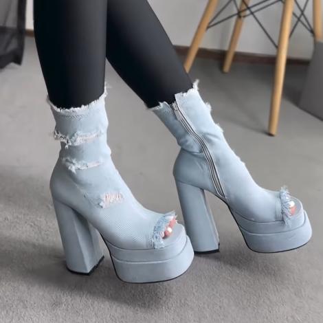 Denim hollow high-heeled sandals