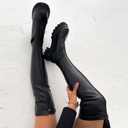 Front Zip Thick Heel Knee-high Boots