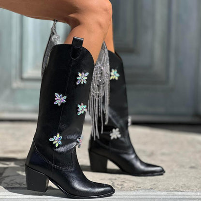 Floral Rhinestone Leather Chunky Heel Boots