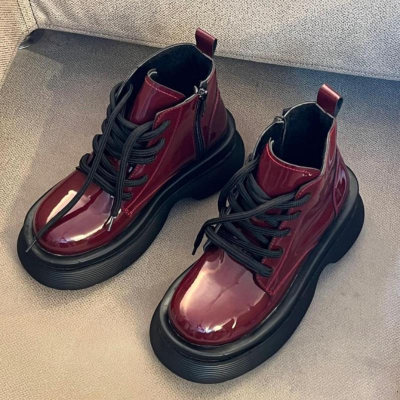 Cherry Red Patent Leather Lace-Up Boots