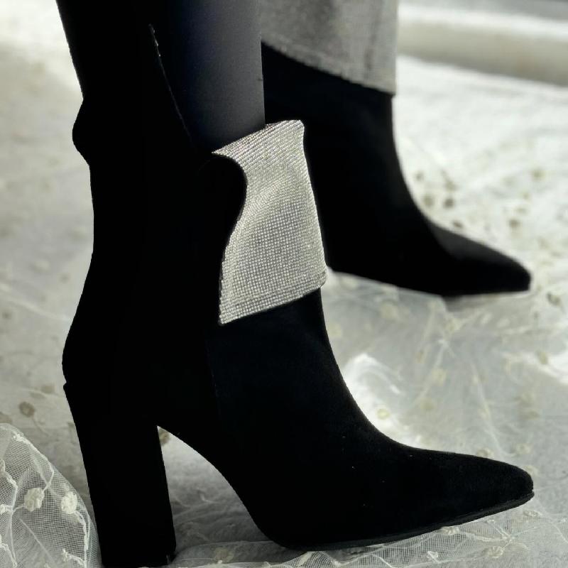 Black Suede Rhinestone High Heel Boots