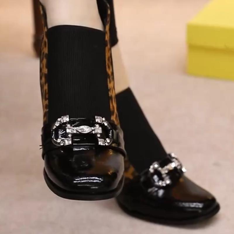 Leopard Chunky Heel Patent Leather Ankle Boots