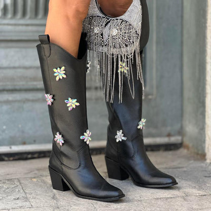 Floral Rhinestone Leather Chunky Heel Boots