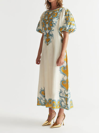 Stunning Printed Puff Sleeve Midi Dress