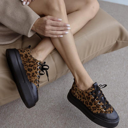 Genuine Leather Leopard Pattern Lace-Up Women's Sneakers