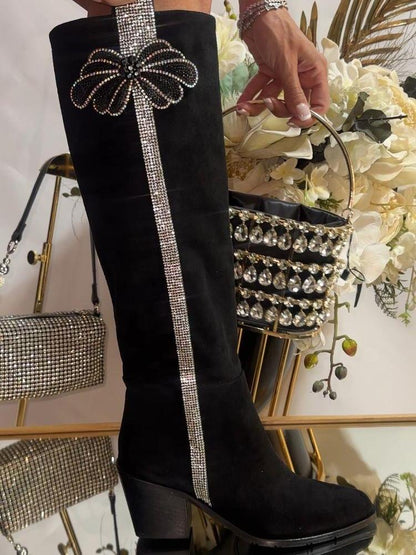 Fashion Rhinestone Sparkle Suede Thick Heel Boots