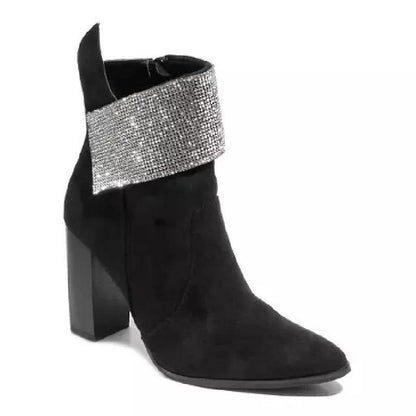 Black Suede Rhinestone High Heel Boots