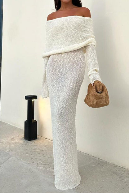 Off-the-shoulder knitted midi dress